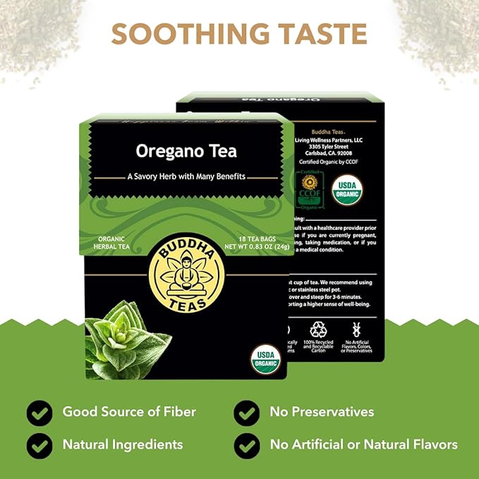 Buddha Teas - Organic Oregano Tea - Herbal Tea - For Health & Wellbeing - With Antioxidants & Minerals - Clean Ingredients - Caffeine Free - OU Kosher & Non-GMO - 18 Tea Bags (Pack of 1)