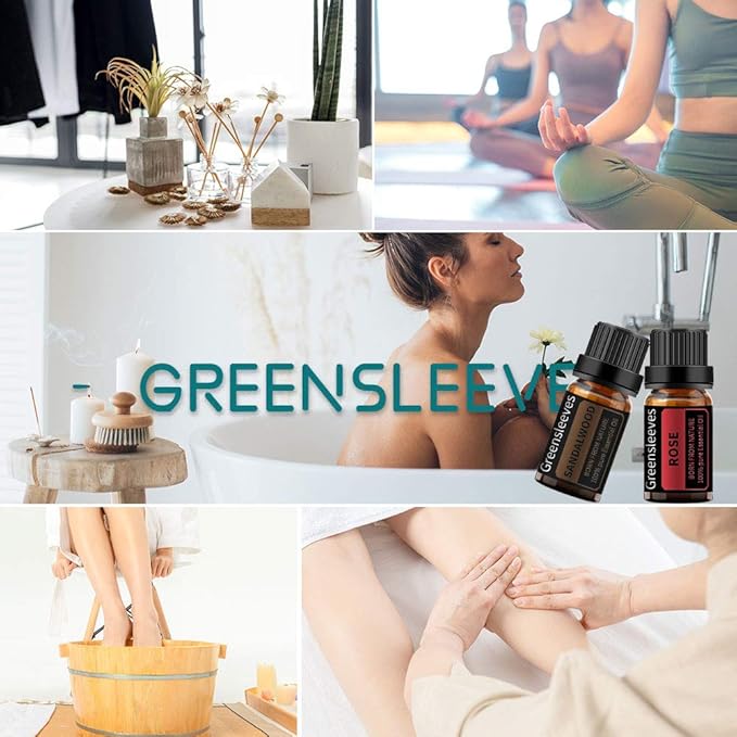 GREENSLEEVES Rose Sandalwood Essential Oil Set, 2 x 10ml Pure Plant-Based Fragrance Oil for Aromatherapy, Essential Oils for Diffuser, Massage, Bath Bomb, Scented Candle Soap Making