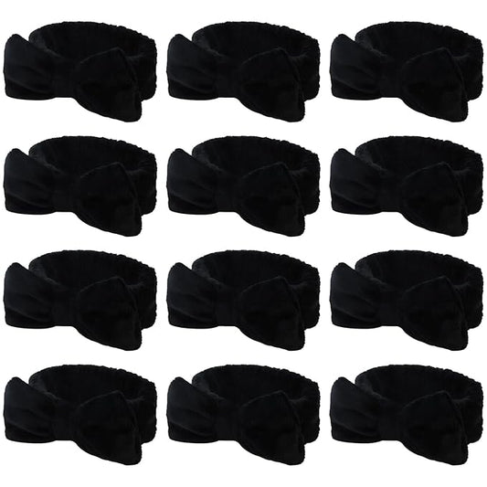 Casoty 12 Pcs Black Spa Headbands, Hair Holder for Washing Face, Soft Coral Fleece Facewash Headband, Bow Hair Bands, Skin Care Headband for Face Washing Shower Skin Care Yoga