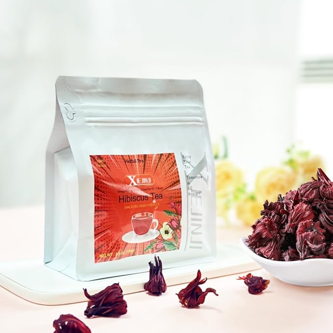 XIEJINJI Hibiscus Tea, Natural Dried Hibiscus Flowers, Herbal Tea, 3.5oz/100g Refreshing Tart Flavor, Caffeine Free, Resealable Bag