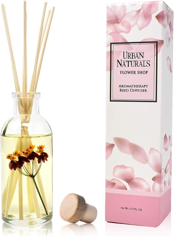 Urban Naturals Flower Shop Reed Diffuser Gift Set | Violets, Daisies, Hyacinth & Rose Fragrance Notes | Real Flower Inside The Bottle! Made in The USA | Great Gift for Mom