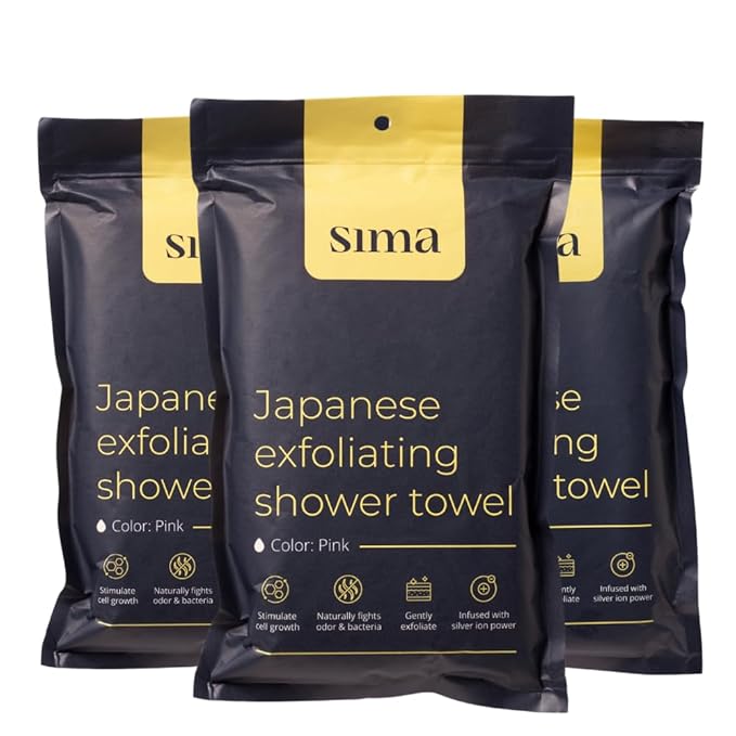 Exfoliating Washcloth Face & Body Scrub Towel - Japanese Exfoliating Towel with Hexagon Fibers, Body Scrubber with 2 Sides for Scrubbing & Washing, Extra Long Body Towel (Pink, 3 Pack)