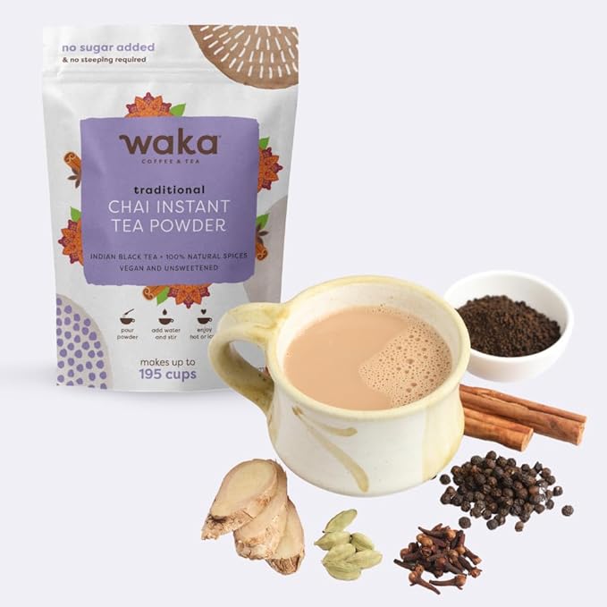 Waka Traditional Chai Tea Powder Mix - Chai Tea Concentrate Sugar Free. Pure Leaves from India, Natural Spices, Unsweetened, No Additives (4.5oz Pouch, 195 Servings)