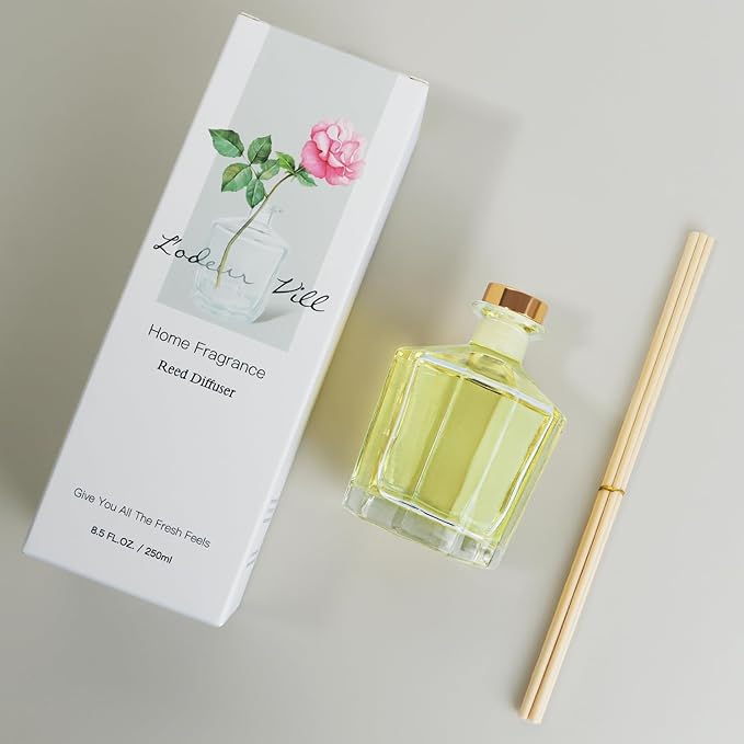 L'odeur Vill Reed Diffuser, 8.5 Oz(250ml)Jasmine & White Tea Bathroom Diffuser with 10 Sticks, Scented Diffuser Home Fragrance Essential Oil Reed Diffuser Set for Home Large Rooms Bathroom Shelf Decor
