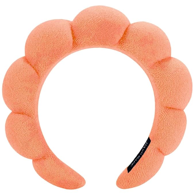 Spa Headbands for Washing Face or Makeup, Sponge Bubble Skincare Headbands, Puffy Terry Cloth Hairband for Women, Skin Care Makeup Headwear Hair Accessories for Girls(Orange Pink)