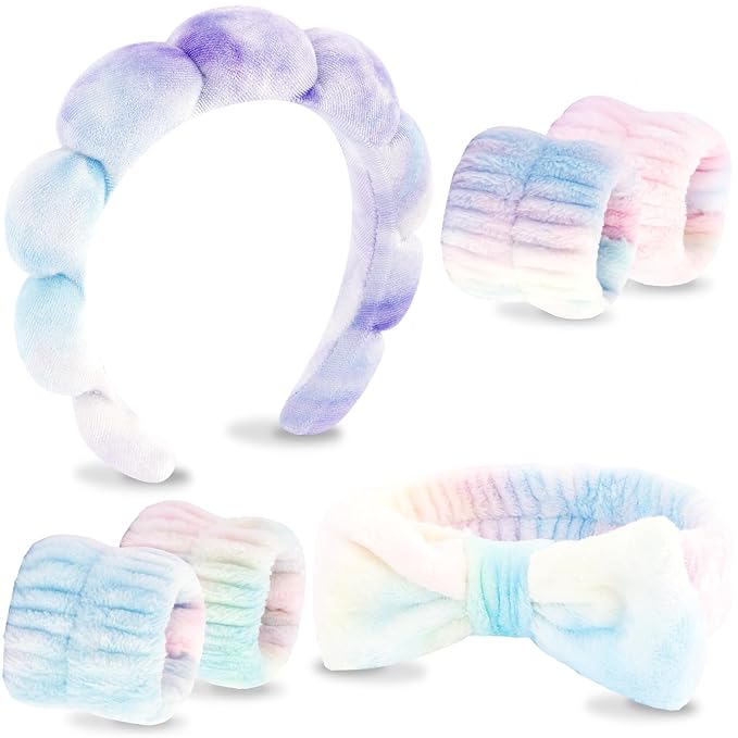 VELSCRUN Spa Headband, Makeup Face Wash Skincare Headbands, 6 Pcs Light Colorful Sponge Bow Tie Get Ready HairBand Facial Wristband Set, Stuff for Teen Girls Women Trendy Fashion Hair Accessories