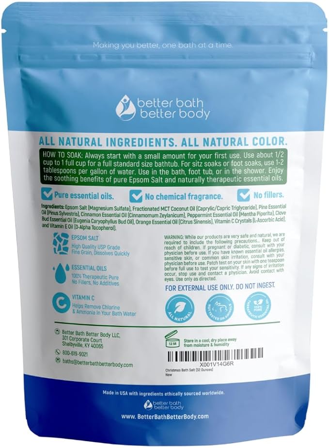Christmas Bath Salt 32 Ounces Epsom Salt with Natural Pine, Cinnamon, Peppermint, Clove and Orange Essential Oils Plus Vitamin C in BPA Free Pouch with Easy Press-Lock Seal