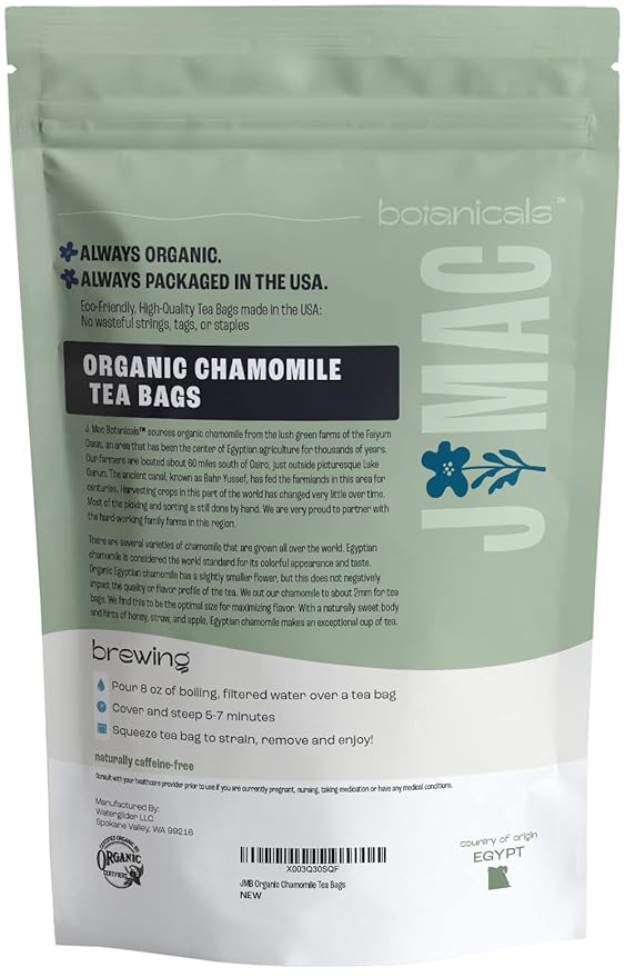 J MAC BOTANICALS Organic Chamomile Tea Bags (50 Count) - Certified by Organic Certifiers, Inc. - Quality Tea From Nile Valley, Egypt, Packaged in the USA