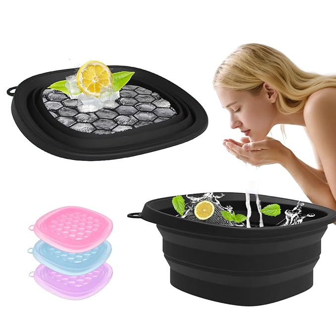 Face Bowl for Ice with Built-in IceTray,Collapsible Silicone Face Ice Bowl – Cold Plunge Therapy for Skin Tightening & Facial Treatment– Portable Spa Tool for Home & Travel(Black)
