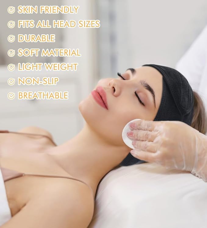 SINLAND Spa Headband for Women Ultra Soft Adjustable Makeup Hair Band with Magic Tape, Stretch Head Wrap for Bath, Shower, Facial Mask, Yoga