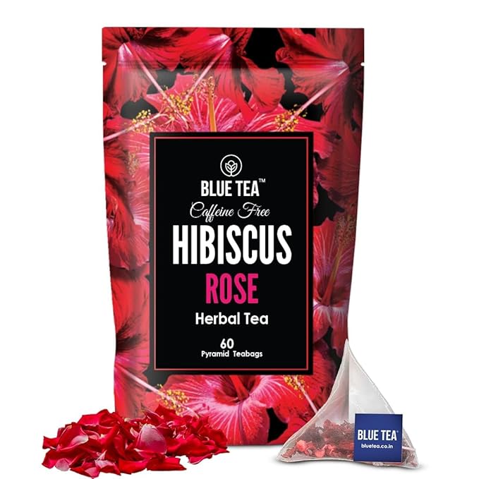 BLUE TEA - Hibiscus Tea - 60 Count - Rose - Pyramid Plant Based Tea Bag | HERBAL TEA | Skin Glow Enhancing Tea | Caffeine Free - Flower Based - Tangy Flavor - Vegan - Gluten Free - Non-GMO | Zipper Pack