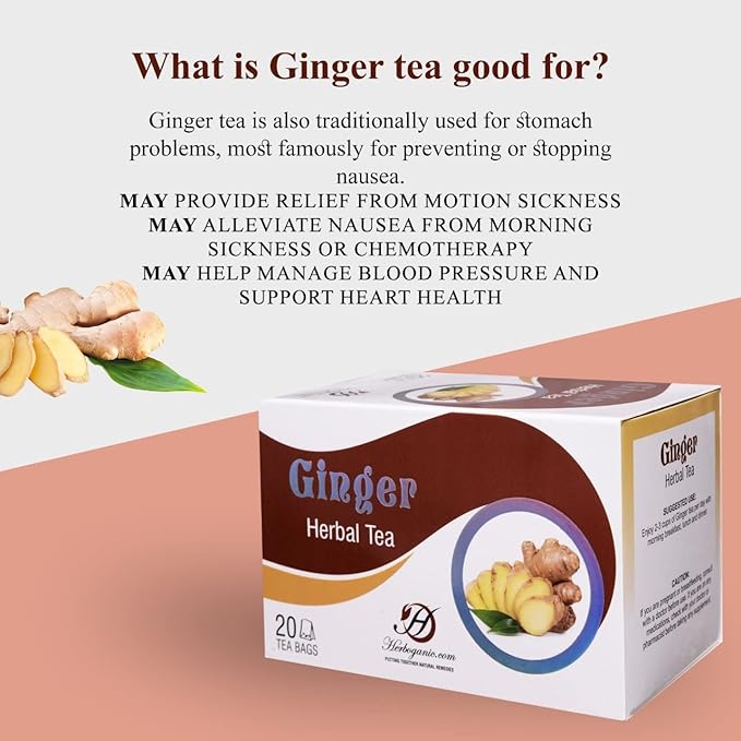 Herboganic Herbal Ginger Tea Bags, Natural Remedy Ginger Tea, Supports Good Digestion, Soothes Throat & Relieves Motion Sickness (Pack of 20)