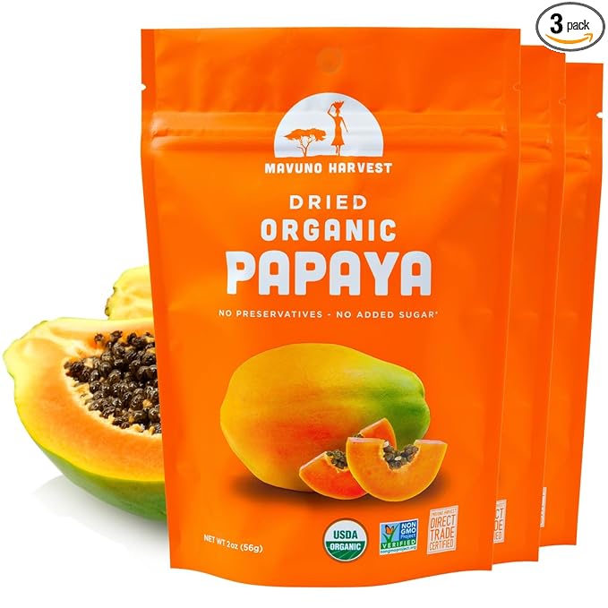 Mavuno Harvest Papaya Dried Fruit Snacks | Organic Dried Papaya Slices | Gluten Free Healthy Snacks for Kids and Adults | No Sugar Added, Vegan, Non GMO, Direct Trade | 2 Ounce, Pack of 3