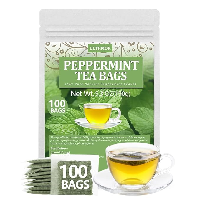 Premium Peppermint Tea Bags, 100 Tea Bags, Made with 100% Natural Peppermint Leaves, No Additives & Caffeine Free.