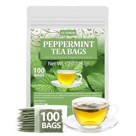 Premium Peppermint Tea Bags, 100 Tea Bags, Made with 100% Natural Peppermint Leaves, No Additives & Caffeine Free.