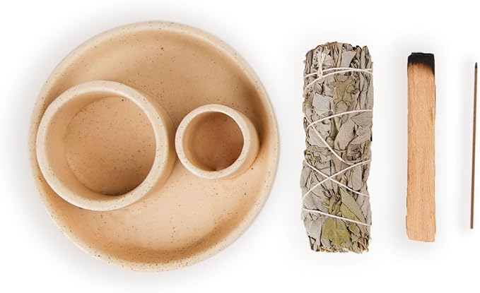 4 in 1 Incense Holder, Ceramic Incense Stick and Palo Santo Holder,Sage Holder for Burning- 5.5" Ceramic Ash Catcher Tray for Meditation and Yoga Room (Sand Gravel)