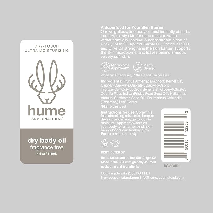 HUME SUPERNATURAL Dry Body Oil Spray - Moisturizing Oil for Dry Skin, After Shower Body Oils for Women and Men, Oil Body Spray, Nourishing, Hydration, Glow, Fragrance Free, 1 Pack