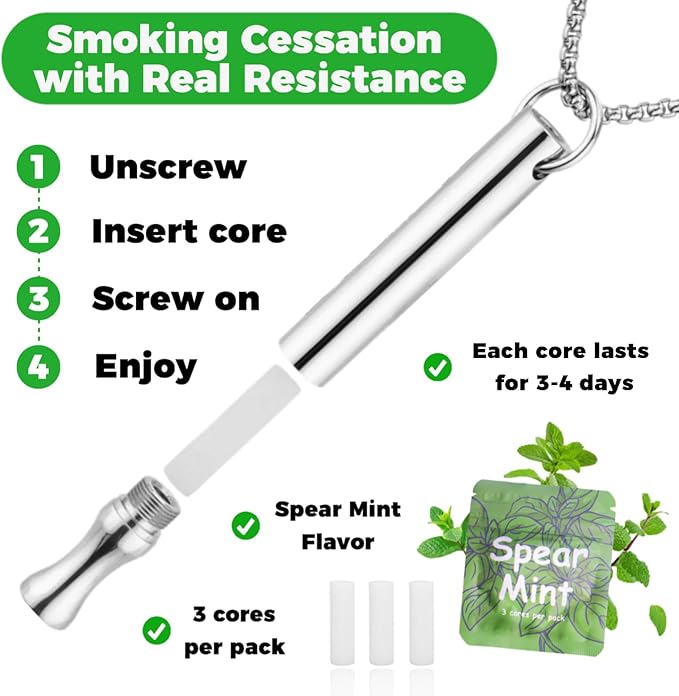 Breathing Necklace to Quit Smoking and Vaping with Refillable Mint Pods Stop Smoking Aids Fidget Necklace for Anxiety Relief Smokeless Inhaler for Adults