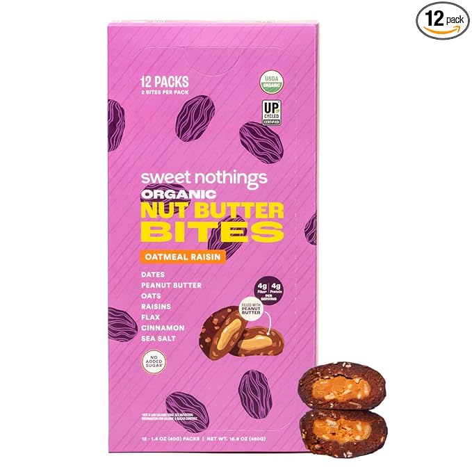 Sweet Nothings, Oatmeal Raisin, USDA Organic Nut Butter Bites Protein Bar, Nut & Date Snack, Filled with Peanut Butter, 12-2 Bite Value Packs - No Added Sugar, Plant Based, Vegan, Only 7 Ingredients