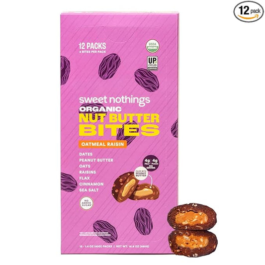 Sweet Nothings, Oatmeal Raisin, USDA Organic Nut Butter Bites Protein Bar, Nut & Date Snack, Filled with Peanut Butter, 12-2 Bite Value Packs - No Added Sugar, Plant Based, Vegan, Only 7 Ingredients