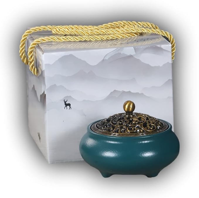 Cone Incense Burner Gift Set – Ceramic Burner with Metal Lid, Holder & Fireproof Cotton – for Stick, Cone & Coil (Green)