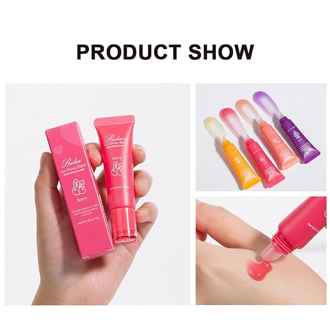 Lip Glowy Balm,4 Pack Fruit Glowy Lip Balm,Vitamin E Lip Glowy Balm Set Reduce Lip Lines, Enhance Lip Color,Moisturizing & Plump Quickly Replenishing Moisture and Relieving Dry Lips