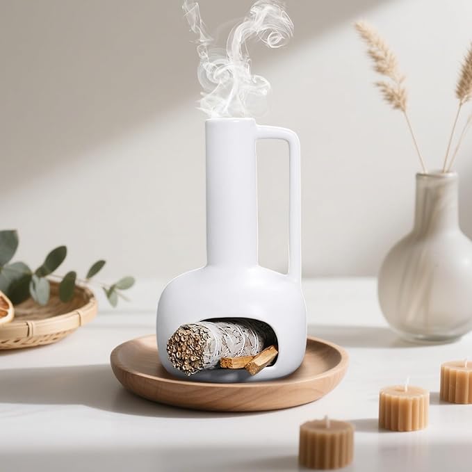 Simcat Handmade Ceramic Holder Incense Burner for Palo Santo Sticks Sage Bundles Candlestick, Suitable for Yoga Meditation Room Home Decor (White)