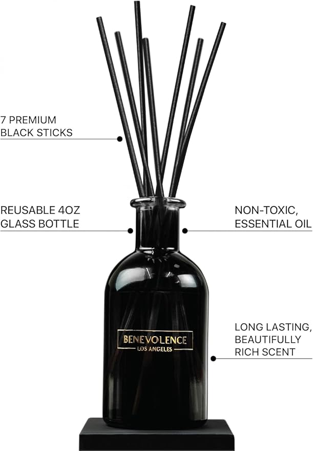Benevolence LA Reed Diffusers for Home, Rose & Sandalwood Relaxing Fragrance | Aromatherapy Reed Diffuser Sticks with Gift Box, Scented Sticks for Bathroom | Home Décor