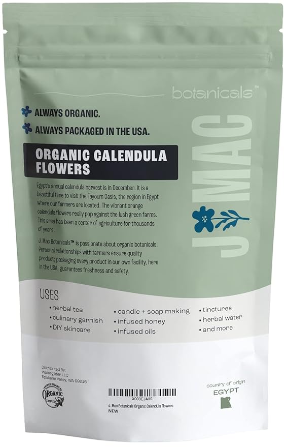 J Mac Botanicals, Organic Calendula Flower (4 ounce), whole dried flowers and petals, loose leaf tea, marigold flower, USDA Certified Organic. Great for loose leaf teas, cocktail bombs, salve