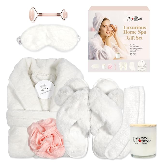 Birthday Gifts For Women, Bathrobe Set With Silky Satin Sleep Mask, Spa Robe and Slippers set, Scented Candle Self Care 7 Pack Set Suitable For Christmas Thanksgiven Day Beige