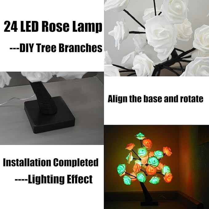 24 LED Rose Tree Lamp, Color Changing Artificial Rose Lamp with Remote, USB Powered Bonsai Night Light for Valentine's Day, Home Desk Decor, Wedding Christmas Party Centerpiece