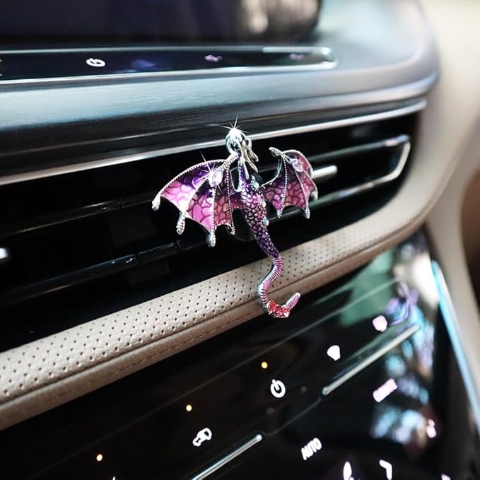 Bling Wyvern Car Air Freshener Vent Clips,2pcs Alloy Purple Enamel Dragon Vent Clips Car Accessories,Refillable Car Diffuser with Felt Mads,Coffee Fragrance Tablets