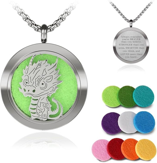 Dinosaur Aromatherapy Essential Oil Diffuser Necklace,Aromatherapy Diffuser Stainless Steel Pendant,for Men and Women,Portable,Suitable for Yoga,Meditation,Travel,Stress Relief Gift(Silver 30mm)