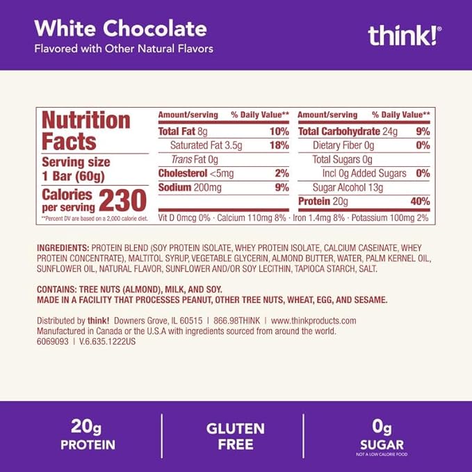 think! Protein Bars, High Protein Snacks, Gluten Free, Kosher Friendly, White Chocolate, Nutrition Bars, 2.1 Oz per Bar, 10 Count (Packaging May Vary)