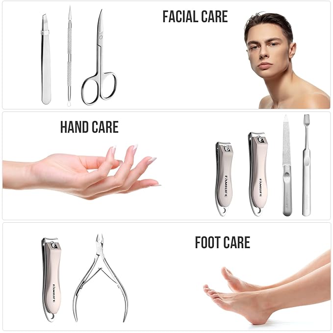 FAMILIFE Manicure Set, Nail Clippers Pedicure Tool, 8 pcs Stainless Steel Manicure Kit Professional Grooming Tool, Nail Kit with Portable Brown Leather Travel Case Luxury Gifts for Men