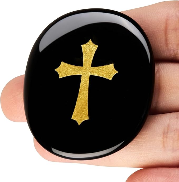 LAIDANLA Black Obsidian Cross Engraved Healing Crystal Worry Stones for Pray Faith Anxiety Relief Oval Palm Stone Polished Natural Crystal Gifts