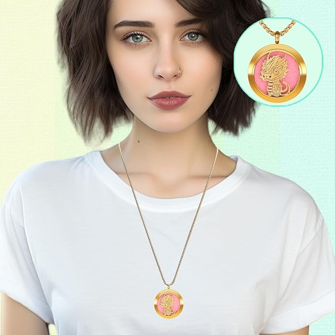 Aromatherapy Diffuser Necklace-Dinosaur Essential Oil Necklace,Aromatherapy Diffuser Pendant for Men and Women,Portable,Suitable for Yoga,Meditation,Travel,Stress Relief Gift(Gold 30mm)