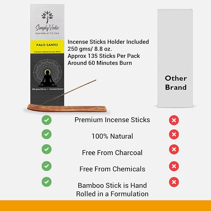 Simply Vedic Palo Santo Incense Sticks β 250g Pack (Approx. 135 Handmade Agarbatti + Free Holder) | Natural & Charcoal-Free | 45-Min Burn for Meditation, Yoga, Aromatherapy, Energy Cleansing