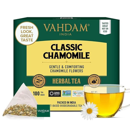 VAHDAM, Chamomile Herbal Tea (100 Pyramid Tea Bags) Resealable Ziplock Pouch | Caffeine Free, Non GMO, Gluten Free | 100% Pure Tisane - Sweet & Floral | Made With Natural Chamomile Flowers