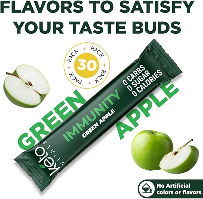 Keto Vitals Immunity Sugar Free Electrolytes Powder with Vitamin C, Ginger, Turmeric, & Elderberry - Boost Your Immune System and Rehydrate Your Body - Green Apple Flavor, 30 Count