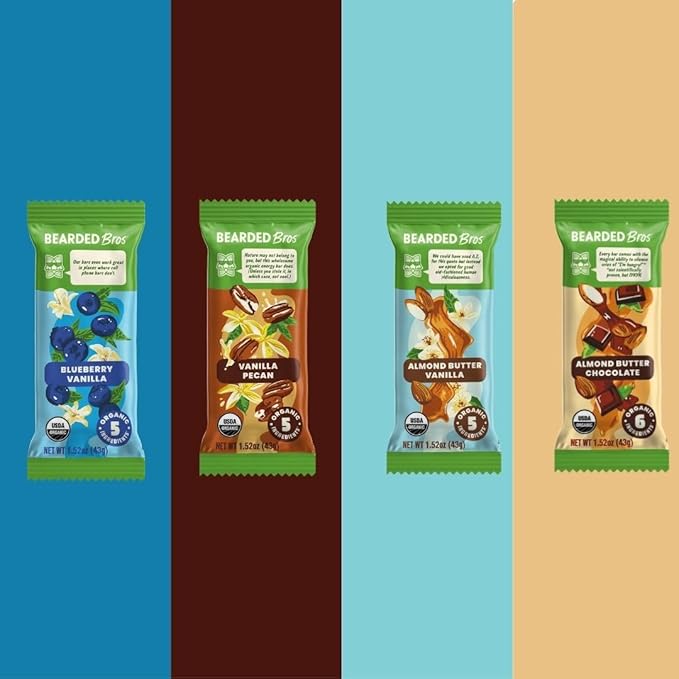 Bearded Brothers, Organic Vegan Protein Energy Bars, 4 Flavor Variety (12 Pack) - Gluten Free, Paleo, Fiber, Whole 30 | Non GMO Low Glycemic Snacks (Packaging May Vary)