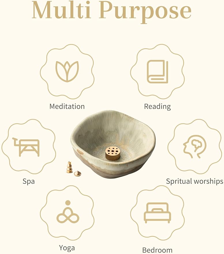 Incense Burner, Ceramic 4 in 1 Incense Holder, Unique Round Shape Incense Holder for Sticks, Handcrafted Incense Cone Burner with 3 Incense Sockets for Meditation Space, Yoga, Gray-Green