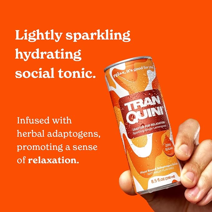 Tranquini Calming Drink With Herbal Adaptogens | Sparkling Water Stress Relief Beverage | Sugar Free, Non Alcoholic, Gluten Free, Vegan - 250ml Ginger Lemongrass (12 cans)