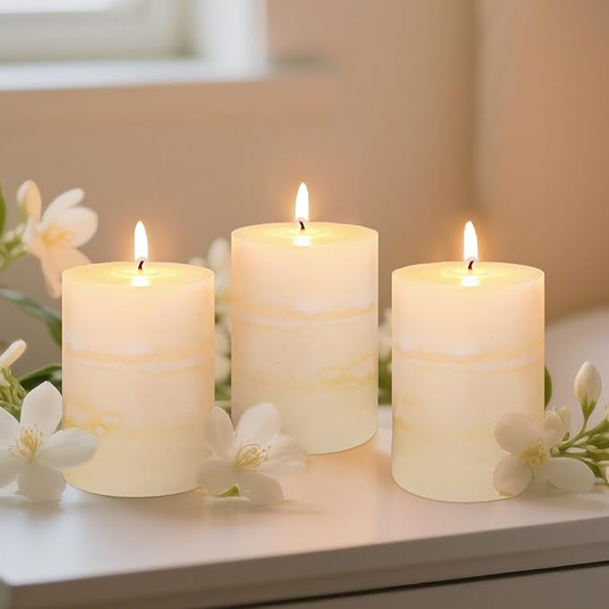 3x4 Inches Jasmine Scented Pillar Candles Ivory White Hand-Poured Candle Long Burning Aromatherapy Candle for Home Scented Wedding Bar Centerpiece Table Decoration, 3 Pack