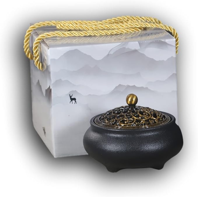 Cone Incense Burner Gift Set – Ceramic Burner with Metal Lid, Holder & Fireproof Cotton – for Stick, Cone & Coil (Black)