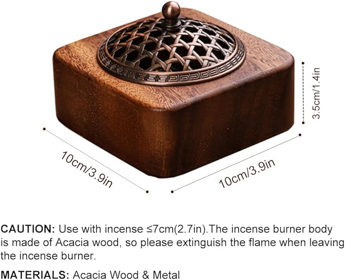 Square Incense Burner Holder - 4" Handcrafted Walnut Wood Censer with Metal Alloy Lid | Natural Incense Stick/Bowl Tray for Yoga & Meditation | Luxury Home Decor Gift for Zen Lovers