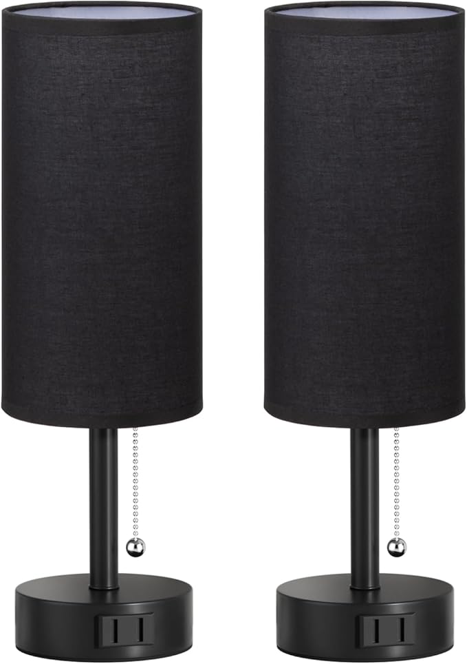 Fenmzee Black Bedside Table Lamps Set of 2-3 Color Temperatures Pull Chain Lamp with AC Outlet Charging Port, Round Night Stand Lamps for Bedroom Office, Small Bed Side Light with E26 LED Bulbs