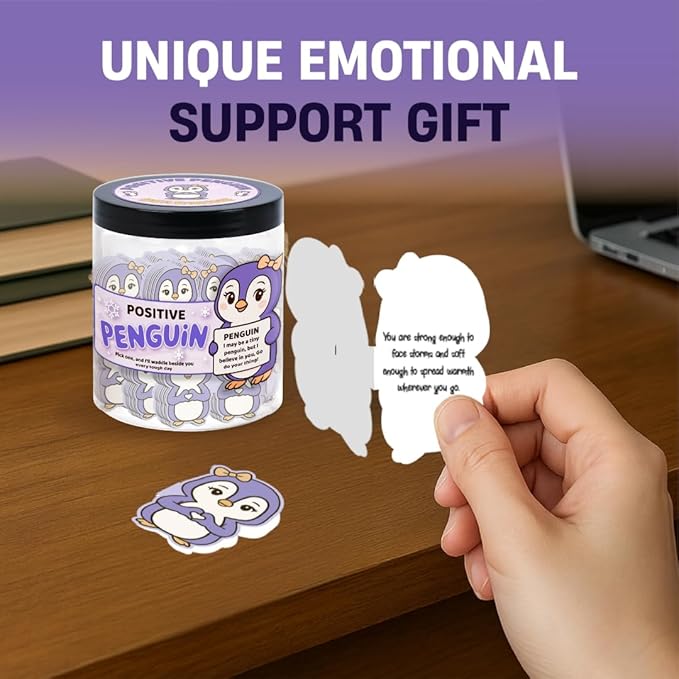 60 Positive Penguin Cards Jar, Affirmation Cards for Women, Emotional Support Penguins, Penguin Gifts for Women, Mom, Penguin Gifts, Penguin Themed Gift, Purple Gift for Girls