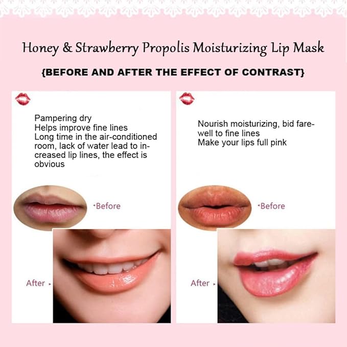2PCS Bee Lip Balm Honey Pot - Strawberry & Honey Moisturizing Propolis Mask, Hydrating Prevention for Dry and Cracked Skin, Scrubs Exfoliator, Sleep Mask Reduces Lines, Skin Care Products