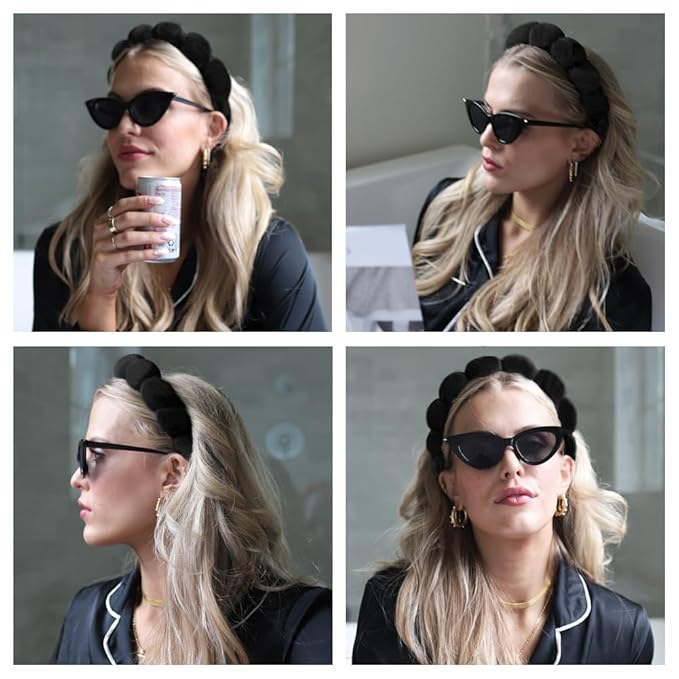 Spa Headbands for Washing Face or Makeup, Sponge Bubble Skincare Headbands, Puffy Terry Cloth Hairband for Women, Skin Care Makeup Headwear Hair Accessories for Girls(Black)